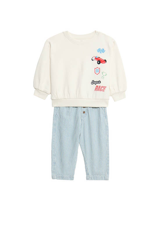 MARKS & SPENCER KIDS Boy Toddler Outfit Cotton Rich Striped Top & Bottom Cream Mix