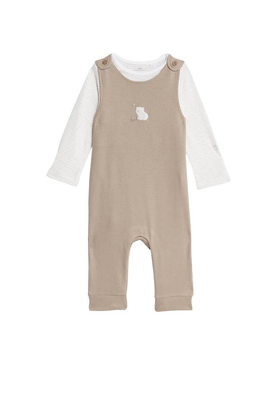 MARKS & SPENCER KIDS Unisex Toddler Outfit Pure Cotton Dungaree 2 Pc Latte