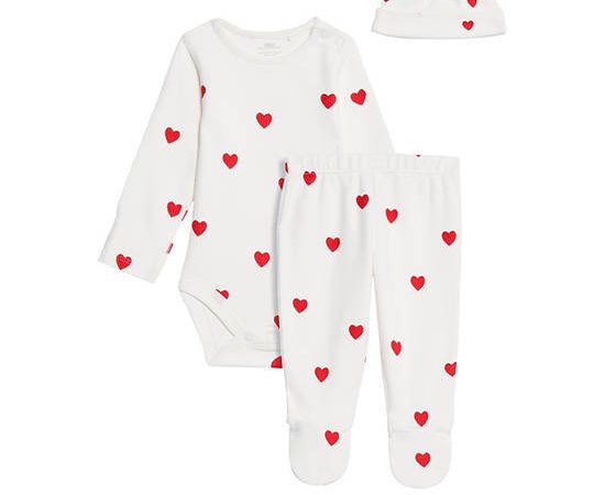 MARKS & SPENCER KIDS Unisex Toddler Outfit Pure Cotton Heart Outfit 3 Pc Red Mix
