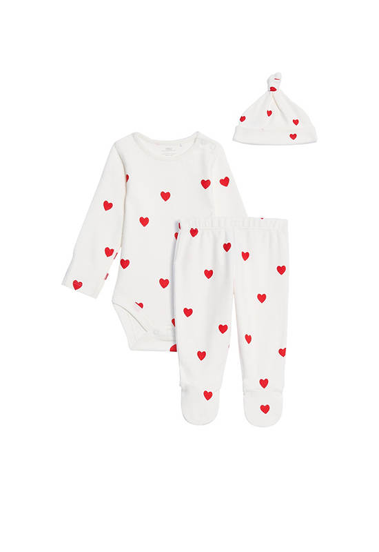 MARKS & SPENCER KIDS Unisex Toddler Outfit Pure Cotton Heart Outfit 3 Pc Red Mix