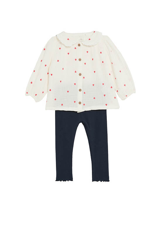 MARKS & SPENCER KIDS Girl Toddler Outfit Cotton Rich Heart Embroidered 2 Pc Ivory Mix