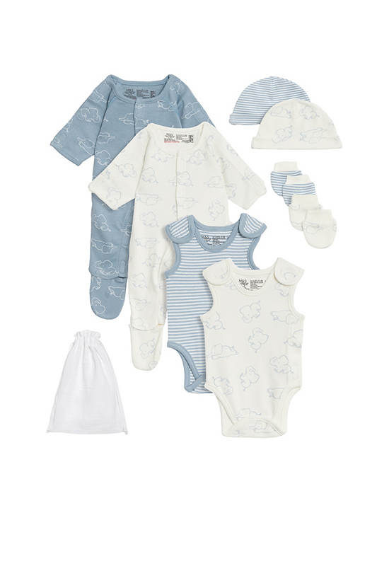 MARKS & SPENCER KIDS Unisex Toddler Starter Set Pure Cotton Premature Elephant 8 Pc Blue Mix