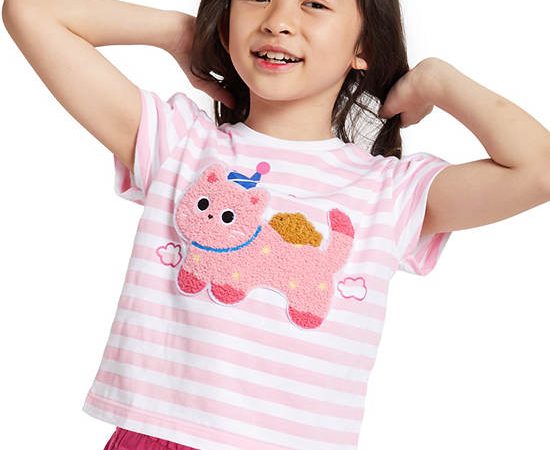 FOF KIDS Girl T-Shirt Ruffled Sleeve Horizontal Stripe Pink