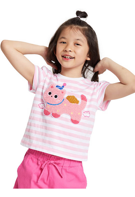 FOF KIDS Girl T-Shirt Ruffled Sleeve Horizontal Stripe Pink