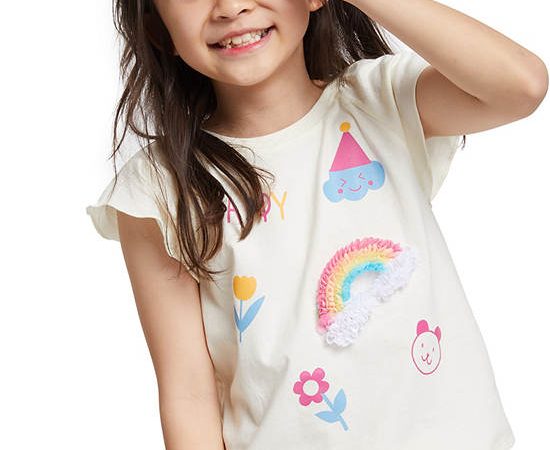 FOF KIDS Girl T-Shirt Ruffled Sleeve Playful Design Cream