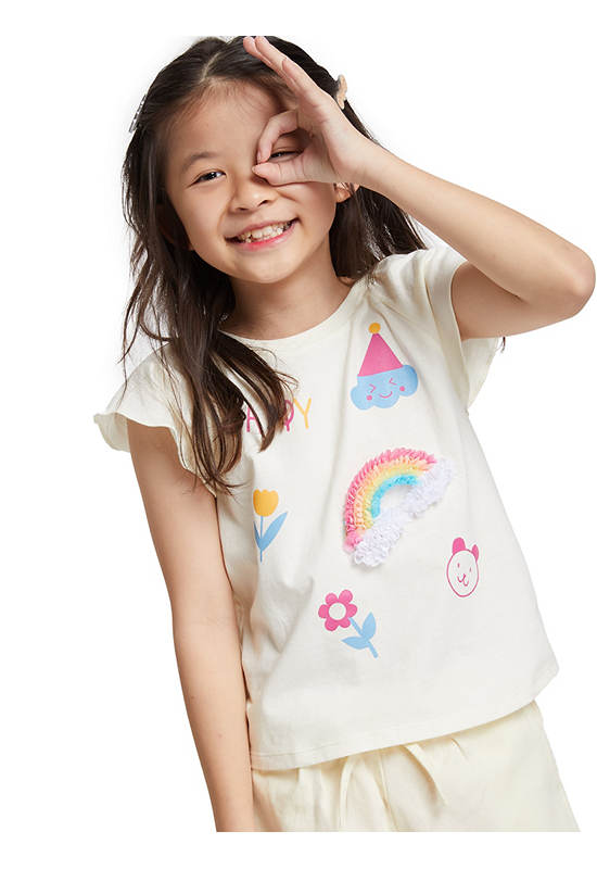 FOF KIDS Girl T-Shirt Ruffled Sleeve Playful Design Cream