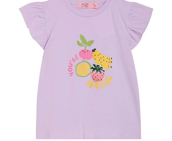 FOF KIDS Girl T-Shirt Frill Sleeves Crew Neck Fruit Print Lavender