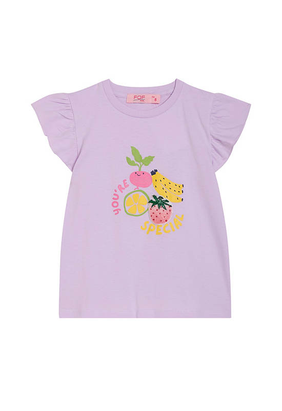 FOF KIDS Girl T-Shirt Frill Sleeves Crew Neck Fruit Print Lavender
