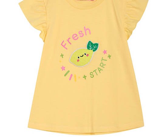 FOF KIDS Girl T-Shirt Frill Sleeves Crew Neck Lemon Print Yellow