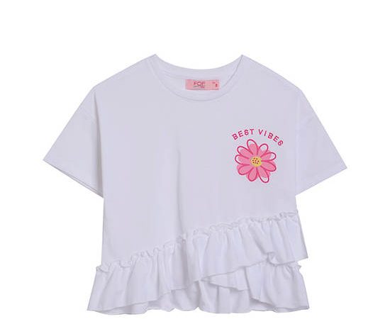 FOF KIDS Girl T-Shirt Floral Print With Ruffle White