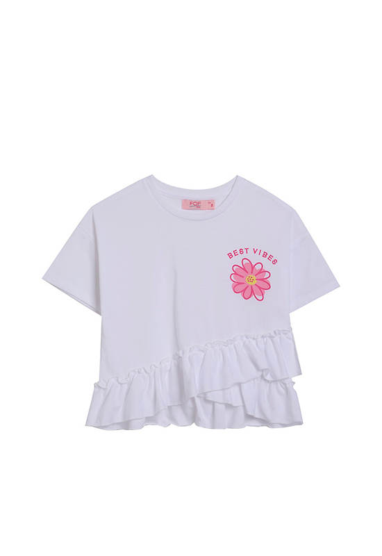 FOF KIDS Girl T-Shirt Floral Print With Ruffle White