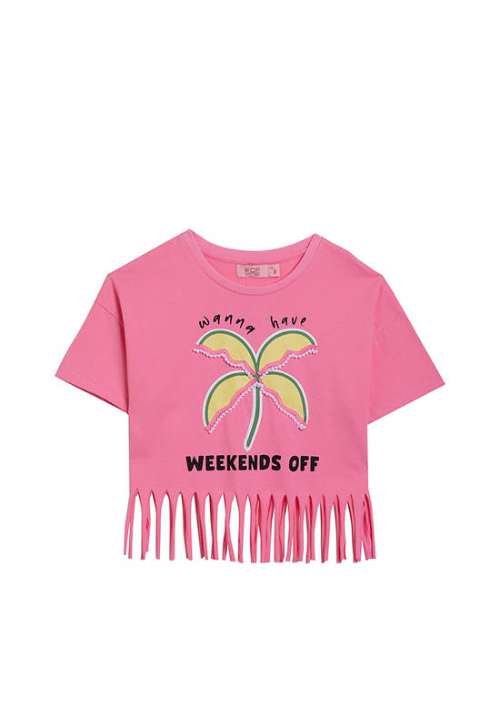 FOF KIDS Girl T-Shirt Graphic Print With Fringe Pink