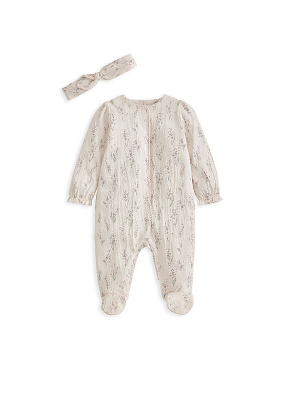 MAMAS & PAPAS Girl Toddler Set Bodysuit Long Sleeves + Head Band Lavender All In One Cream