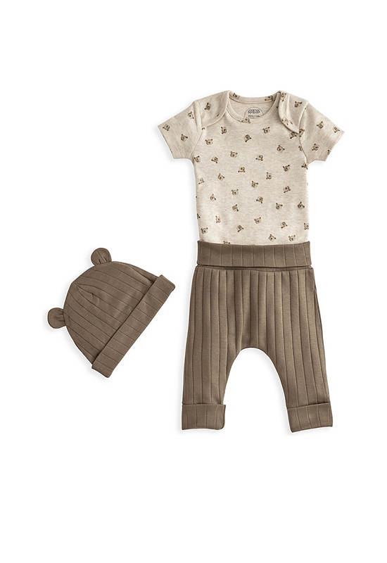 MAMAS & PAPAS Unisex Toddler Set Bodysuit Short Sleeves + Leggings + Hat Teddy Bear 3 Pcs Brown