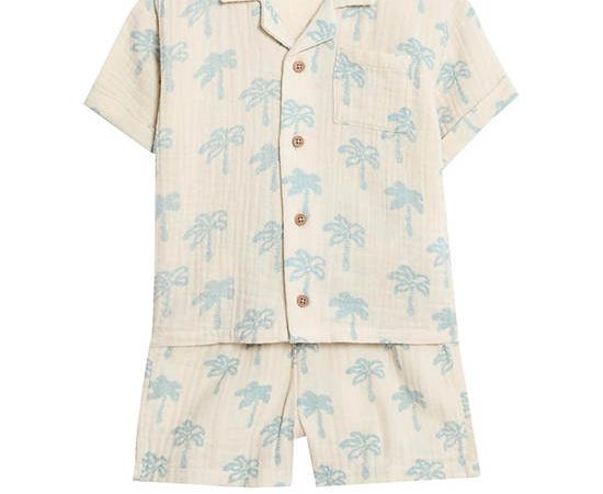 MARKS & SPENCER KIDS Boy Toddler Top & Bottom Outfit Pure Cotton Palm Tree 2 pcs Ecru