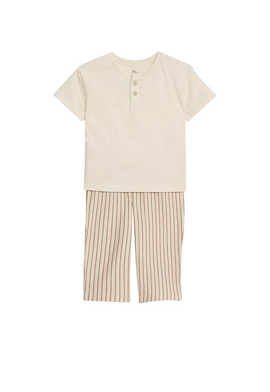 MARKS & SPENCER KIDS Boy Toddler Top & Bottom Outfit Pure Cotton Striped 2 pcs Ivory Mix