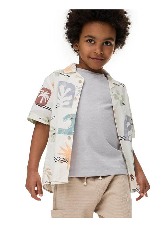 MARKS & SPENCER KIDS Boy Toddler Shirt & T-Shirt Set Pure Cotton Abstract 2 pcs Cream Mix