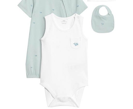 MARKS & SPENCER KIDS Boy Toddler Starter Set Cotton Rich Whale 4 pcs Mint Mix