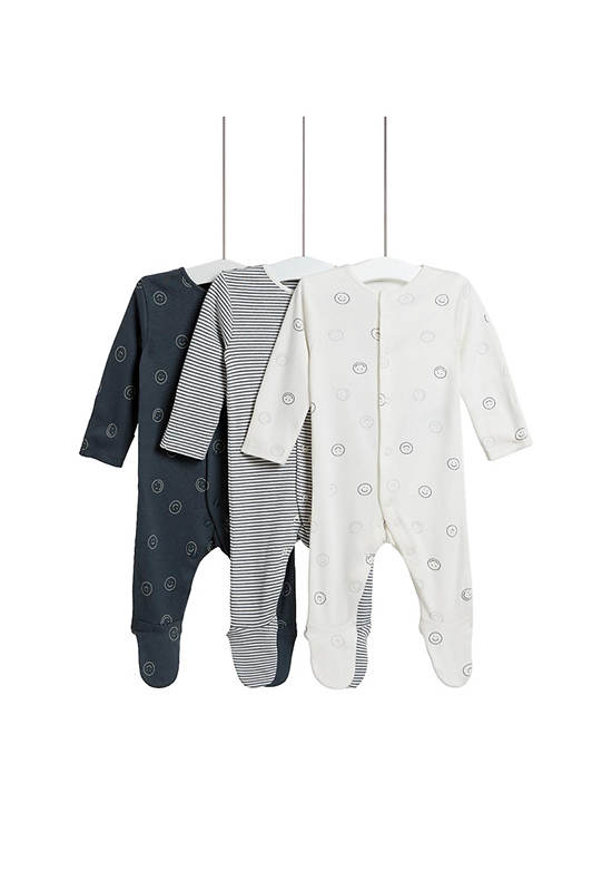 MARKS & SPENCER KIDS Unisex Toddler Sleepsuits Pure Cotton 3 Pack Dark Pewte
