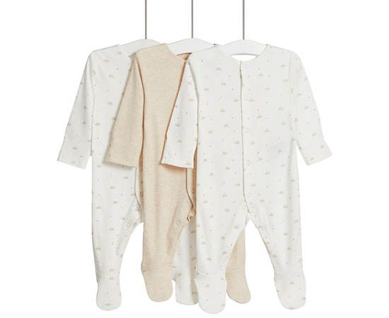 MARKS & SPENCER KIDS Unisex Toddler Sleepsuits Pure Cotton Turtle 3 Pack Ivory