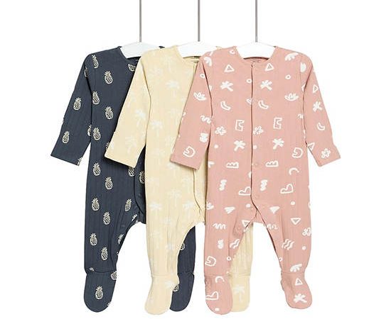 MARKS & SPENCER KIDS Unisex Toddler Sleepsuits Cotton Rich Printed 3 Pack Sandstone