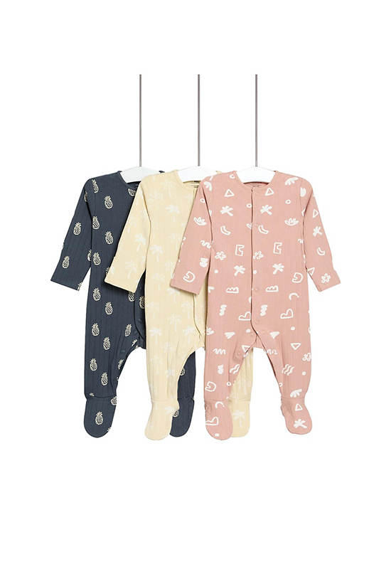 MARKS & SPENCER KIDS Unisex Toddler Sleepsuits Cotton Rich Printed 3 Pack Sandstone
