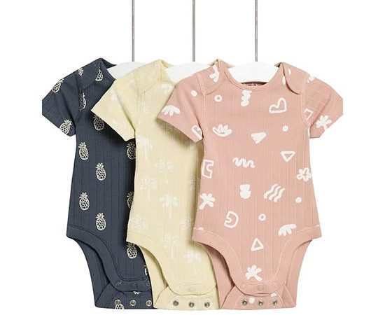 MARKS & SPENCER KIDS Unisex Toddler Bodysuits Cotton Rich Tropical Print 3 Pack Sandstone