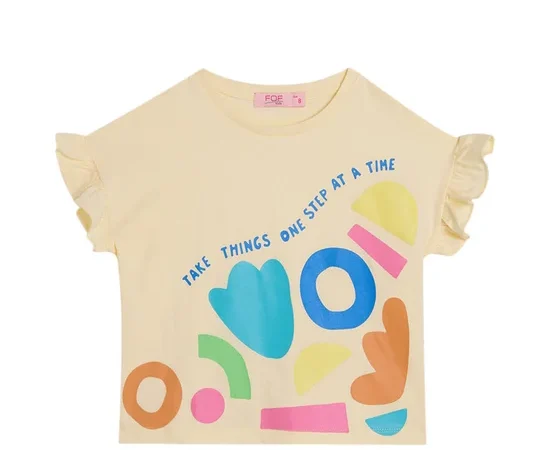FOF KIDS Girl T-Shirt Flutter Sleeves Graphic Print Cream