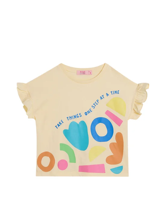 FOF KIDS Girl T-Shirt Flutter Sleeves Graphic Print Cream