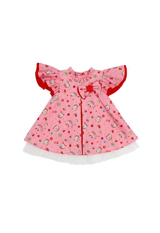 ENFANT Girls' dress set with ruffled sleeves and dragon print - pink