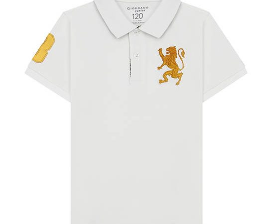 GIORDANO Boy's Slim Pique Embroidery Bold Polo (3D Lion) White