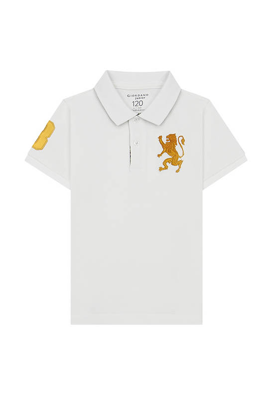 GIORDANO Boy's Slim Pique Embroidery Bold Polo (3D Lion) White