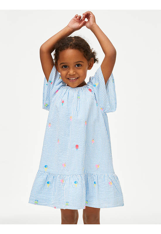 MARKS & SPENCER KIDS Girl Toddler Dress Pure Cotton Striped Printed Blue Mix