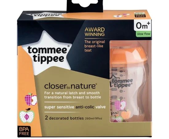 TOMMEE TIPPEE Closer To Nature Bottle and Nipples for Newborns (2 Pcs./Pack) 422584 9 oz Orange