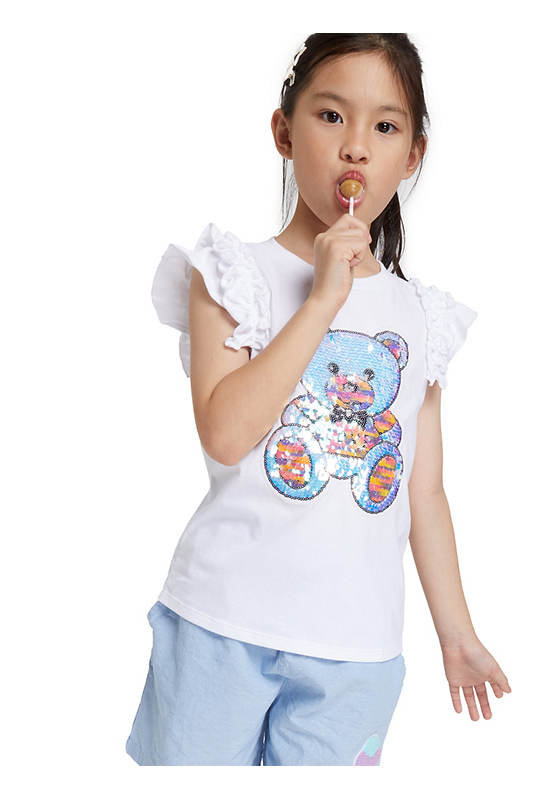 FOF KIDS Girl T-Shirt Bear-Patterned Sleeves White