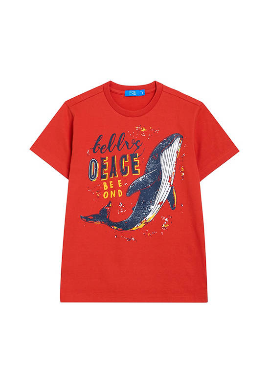 FOF KIDS Boy T-Shirt Short Sleeves Crew Neck Shark Print Red