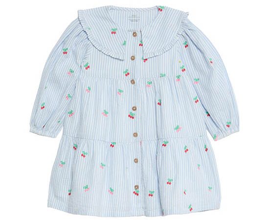 MARKS & SPENCER KIDS Girl Toddler Dress Pure Cotton Striped Cherry Embroidery Blue Mix