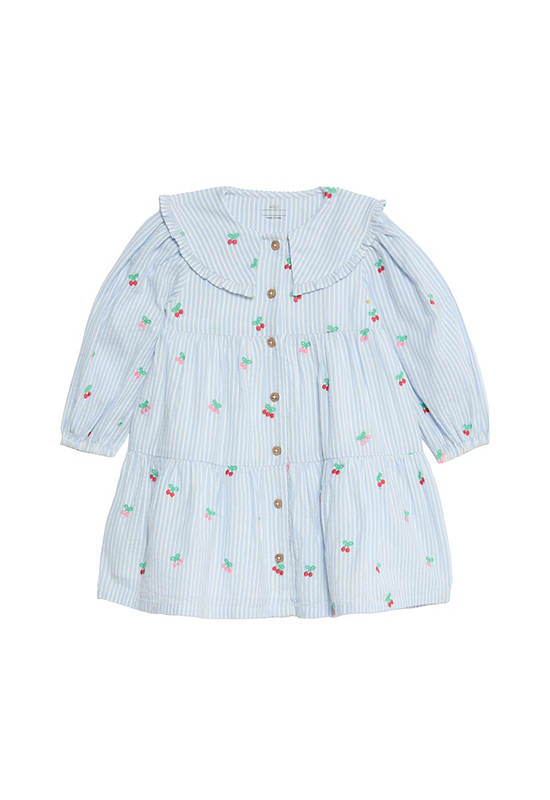 MARKS & SPENCER KIDS Girl Toddler Dress Pure Cotton Striped Cherry Embroidery Blue Mix
