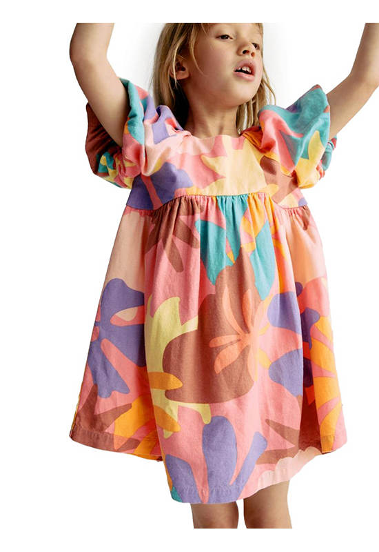 MARKS & SPENCER KIDS Girl Toddler Midi Dress Linen Rich Printed Puff Sleeve Woven Multi-Color