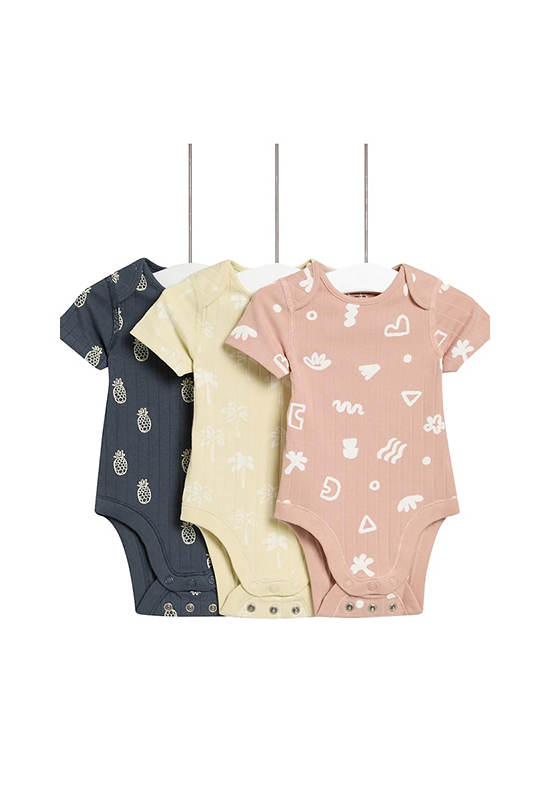 MARKS & SPENCER KIDS Unisex Toddler Bodysuits Cotton Rich Tropical Print 3 Pack Sandstone