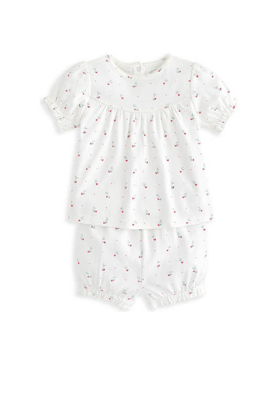 MAMAS & PAPAS Girl Toddler Pyjamas Short Sleeves + Shorts Cherry All Over Print White