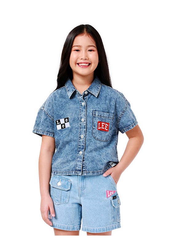 LEE KIDS Girl's Shirt Short Sleeve New Preps Collection Cropped Fit Light Indigo