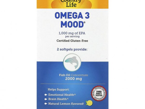 Country Life, Omega 3 Mood, с натуральным вкусом лимона, 180 мягких желатиновых капсул